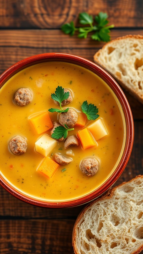 A bowl of creamy chicken sausage and butternut squash soup with parsley garnish, on a rustic table with bread.